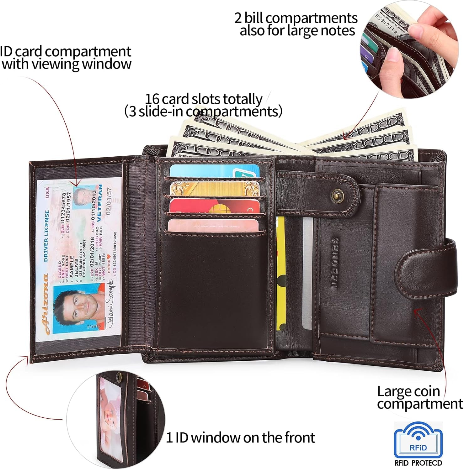 Portefeuille Homme Grand Trifold En Cuir Véritable, Portefeuille Pour Homme Blocage RFID Avec 19 Emplacements Pour Cartes De Crédit, 3 Compartiment À Billets,1 Poche À Monnaie